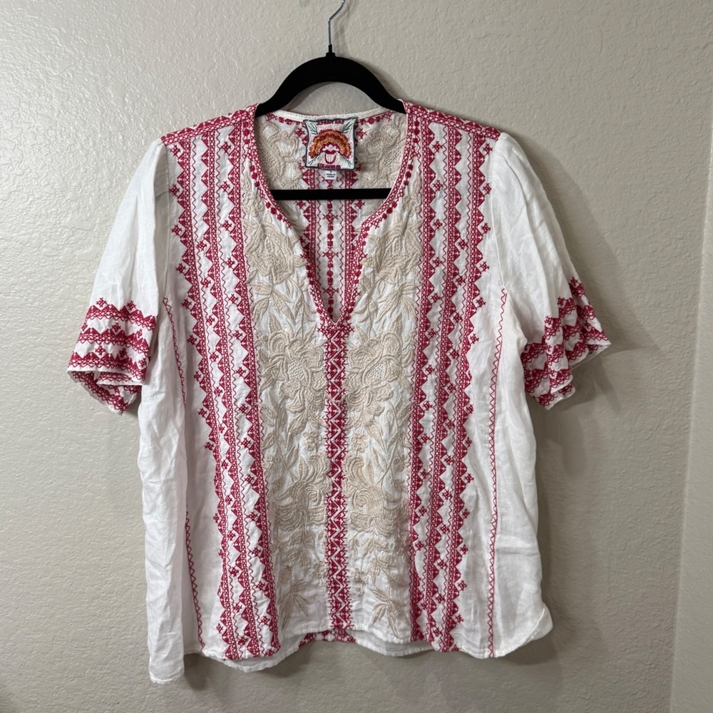 Johnny Was Camille Linen Red & Cream Pull On Floral Embroidered Top Cottagecore